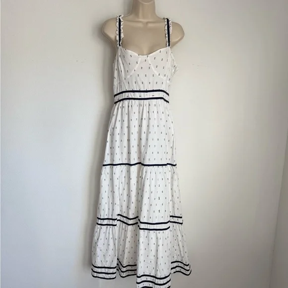 NWT $99 White and Navy Women's Flowy Maxi Dress Ruffles Boho Cut Out Size Large - Picture 2 of 7